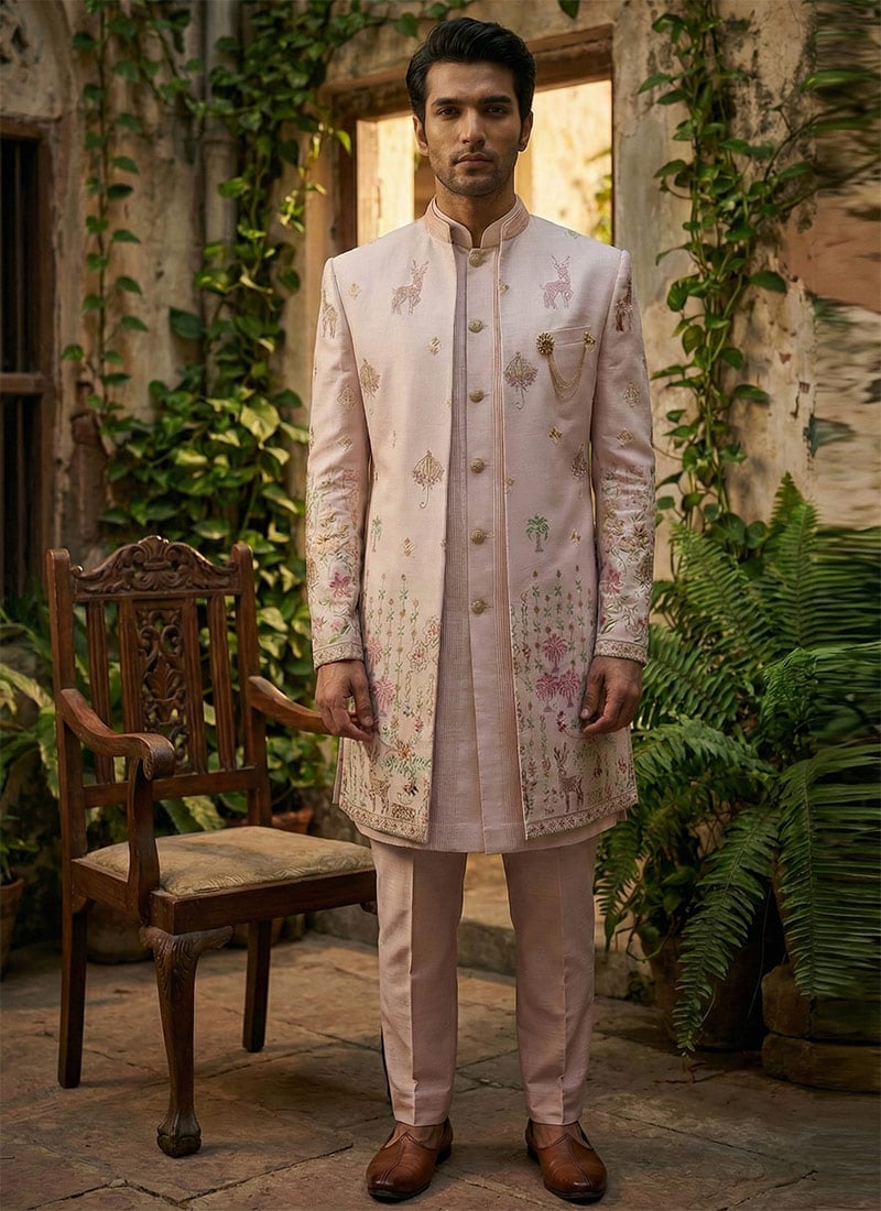 Pink Silk Sequins Embroidered Regal Indowestern Sherwani Set Wedding Wear