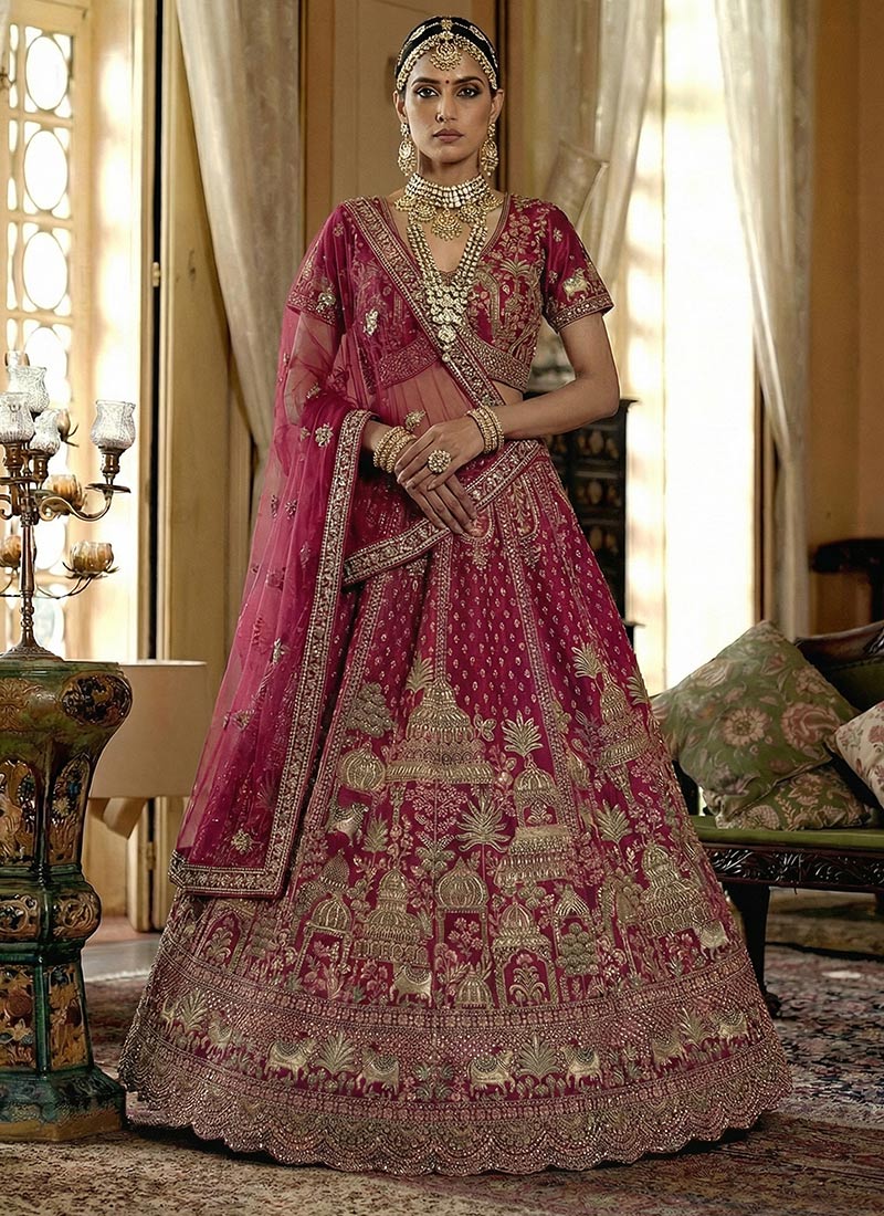 Pink Silk Sequins Embroidered Stones Zari Thread Dori Umbrella Lehenga Wedding Wear