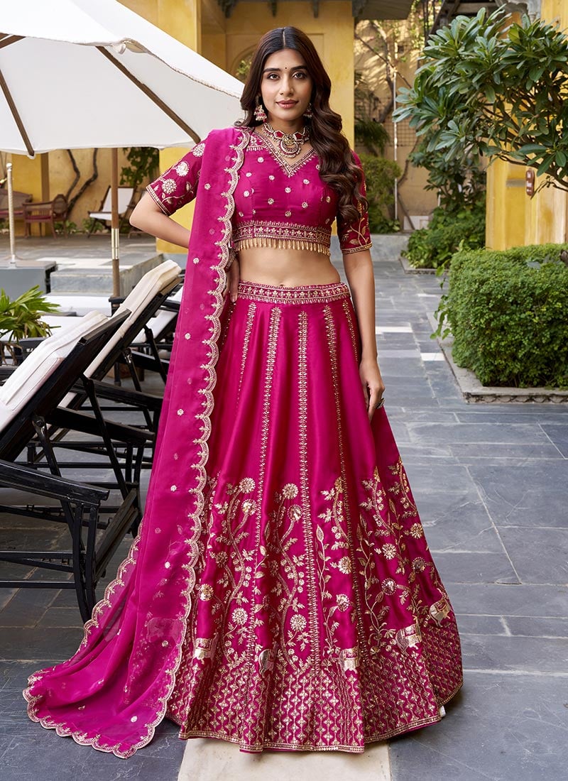 Pink Silk Sequins Embroidered Thread Umbrella Lehenga Wedding Wear