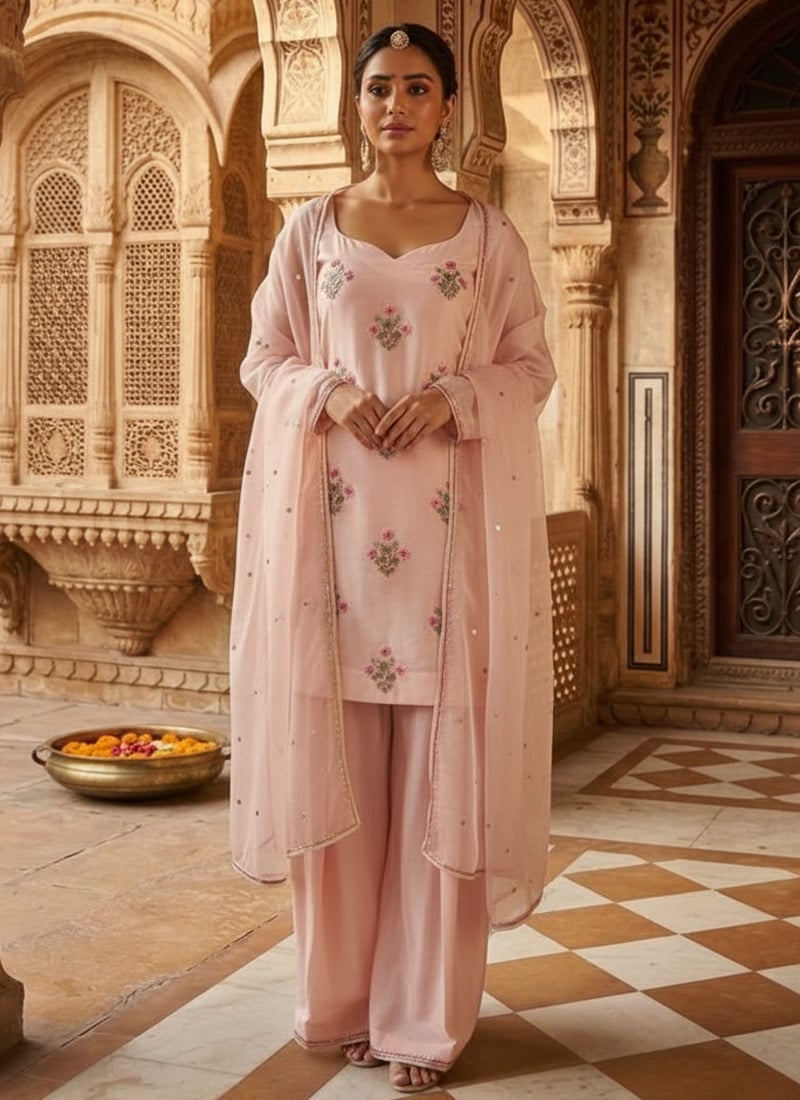 Pink Silk Sequins Farshi Suit Festive Wear