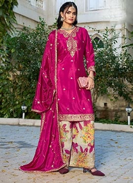Pink Silk Sequins Printed Sharara Suit