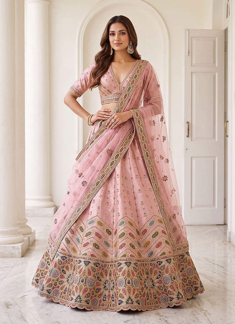 Pink Silk Sequins Zari Hand Embroidered Lehenga Wedding Wear