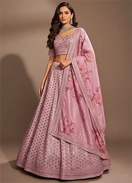 Pink Silk Sequins Zari Printed Umbrella Lehenga