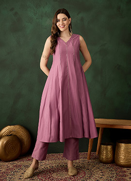 Pink Silk Solid A Line Kurta Straight Pant Set
