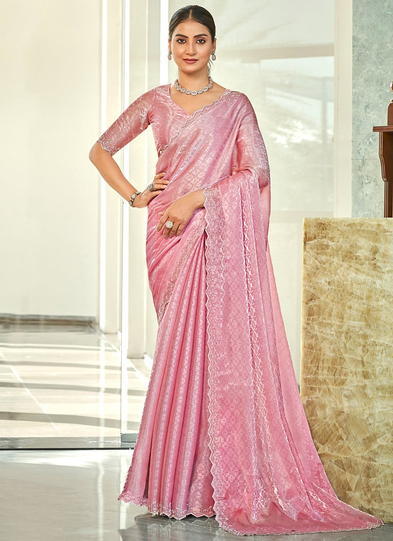 Pink Silk Stone And Beads Embossed Saree Festive Wear