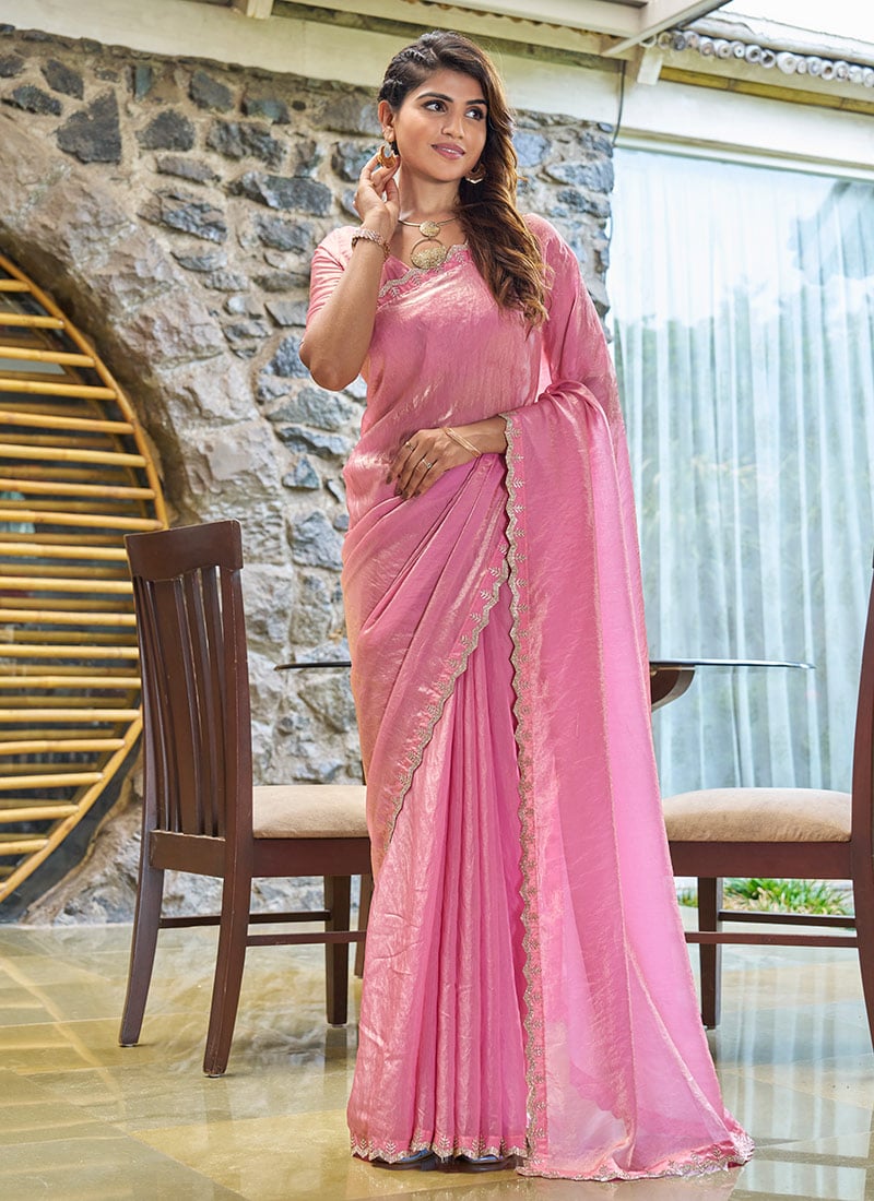 Pink Silk Stone Work Saree Festive Wear