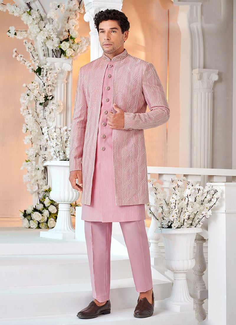 Pink Silk Thread Cutdana Hand Work Indowestern Sherwani Wedding Wear