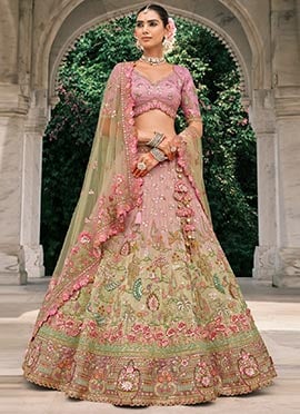 Pink Silk Thread Embroidered And Cut Work Umbrella Lehenga