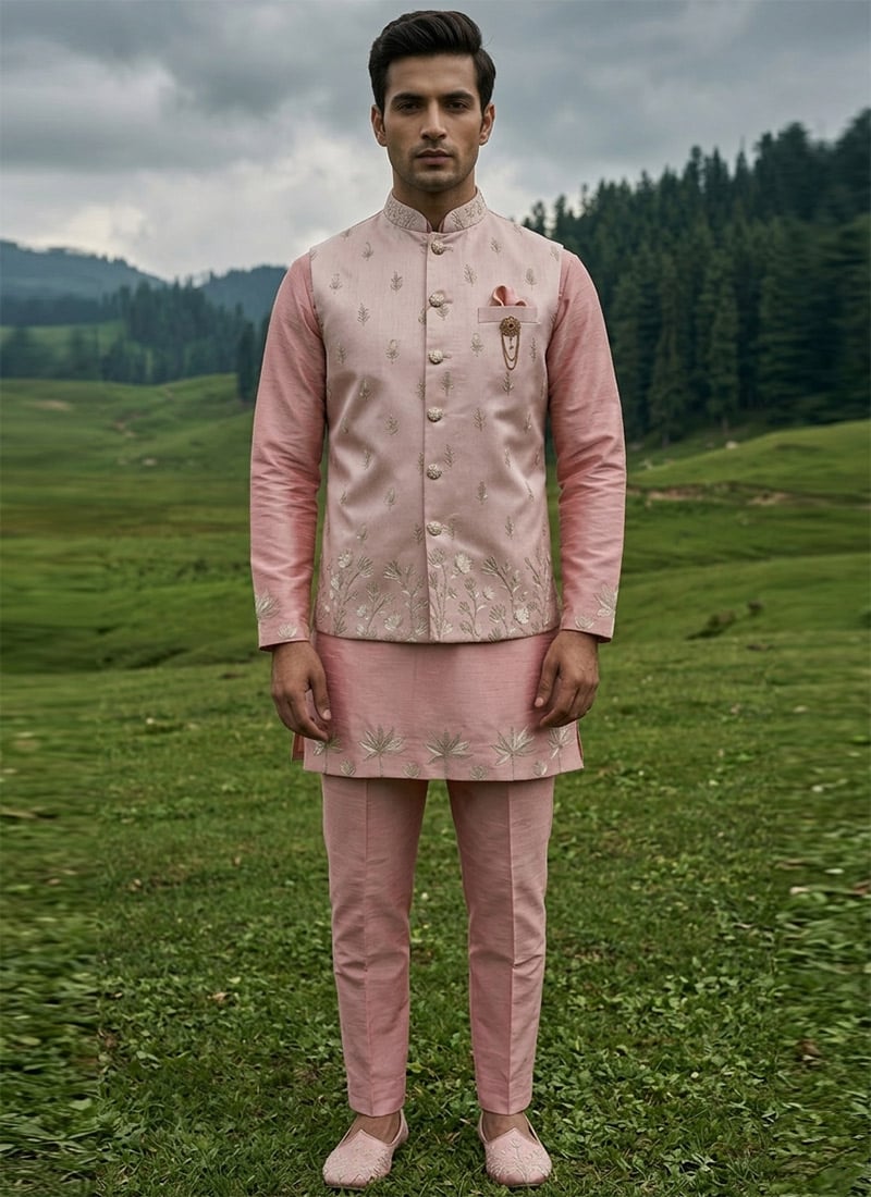 Pink Silk Thread Embroidered Sequins Bandi Set Festive Wear