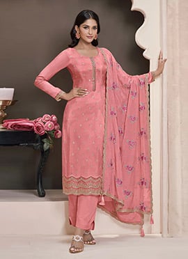 Pink Silk Thread Embroidered Sequins Straight Pant Suit