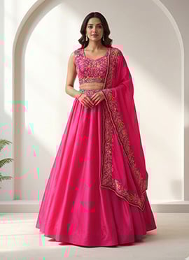 Pink Silk Thread Embroidered Sequins Umbrella Lehenga