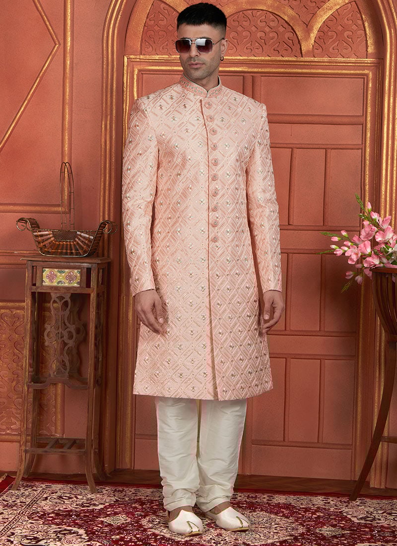 Pink Silk Thread Hand Work Classic Sherwani For Men Wedding Wear