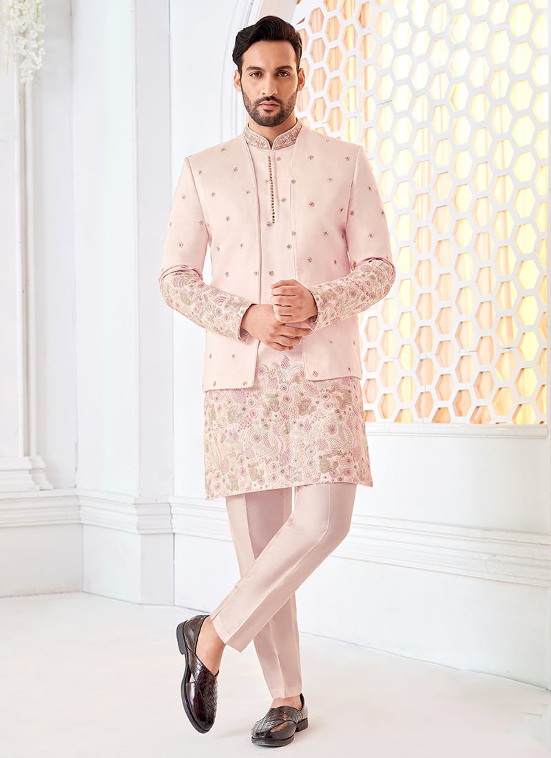 Pink Silk Thread Hand Work Indowestern Sherwani Wedding Wear