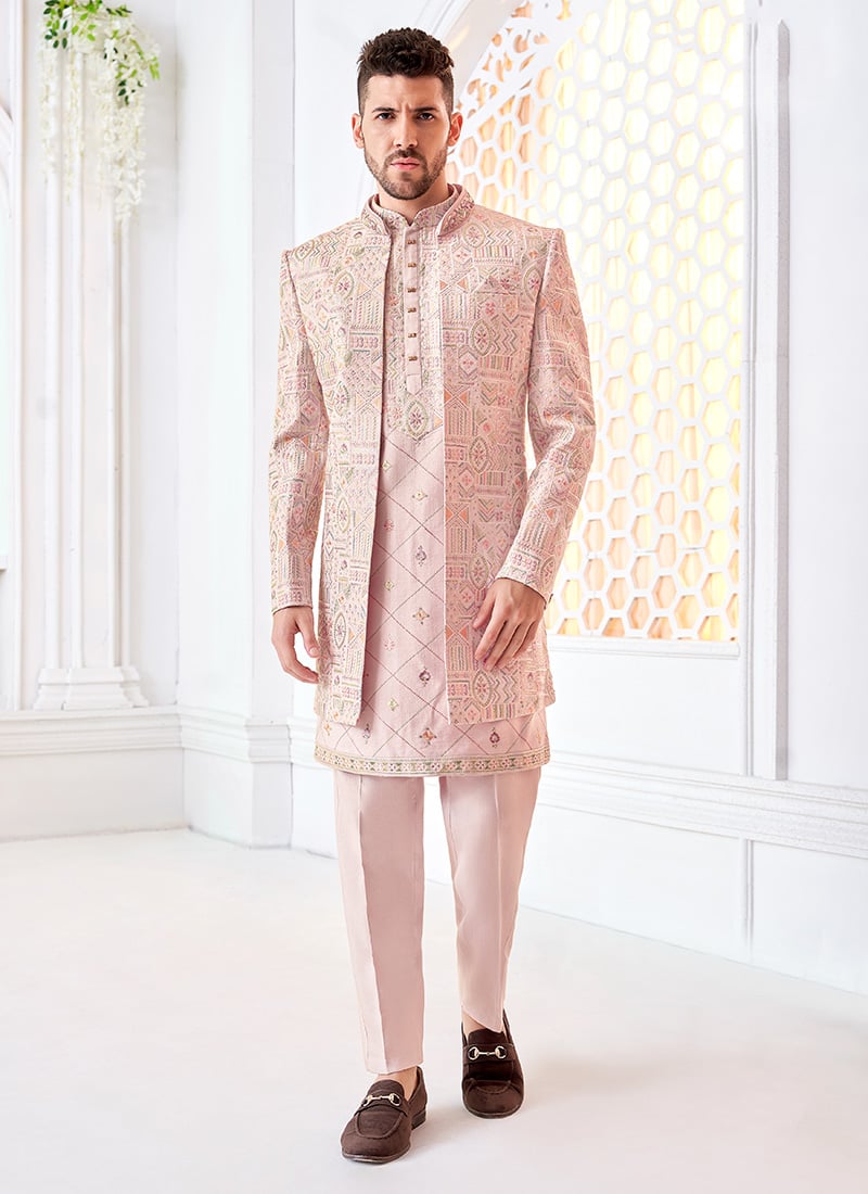Pink Silk Thread Hand Work Indowestern Sherwani Wedding Wear