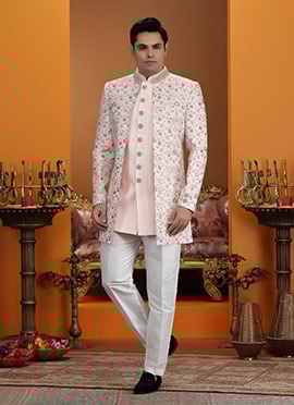 Pink Silk Thread Sequins Embroidered Indowestern Sherwani