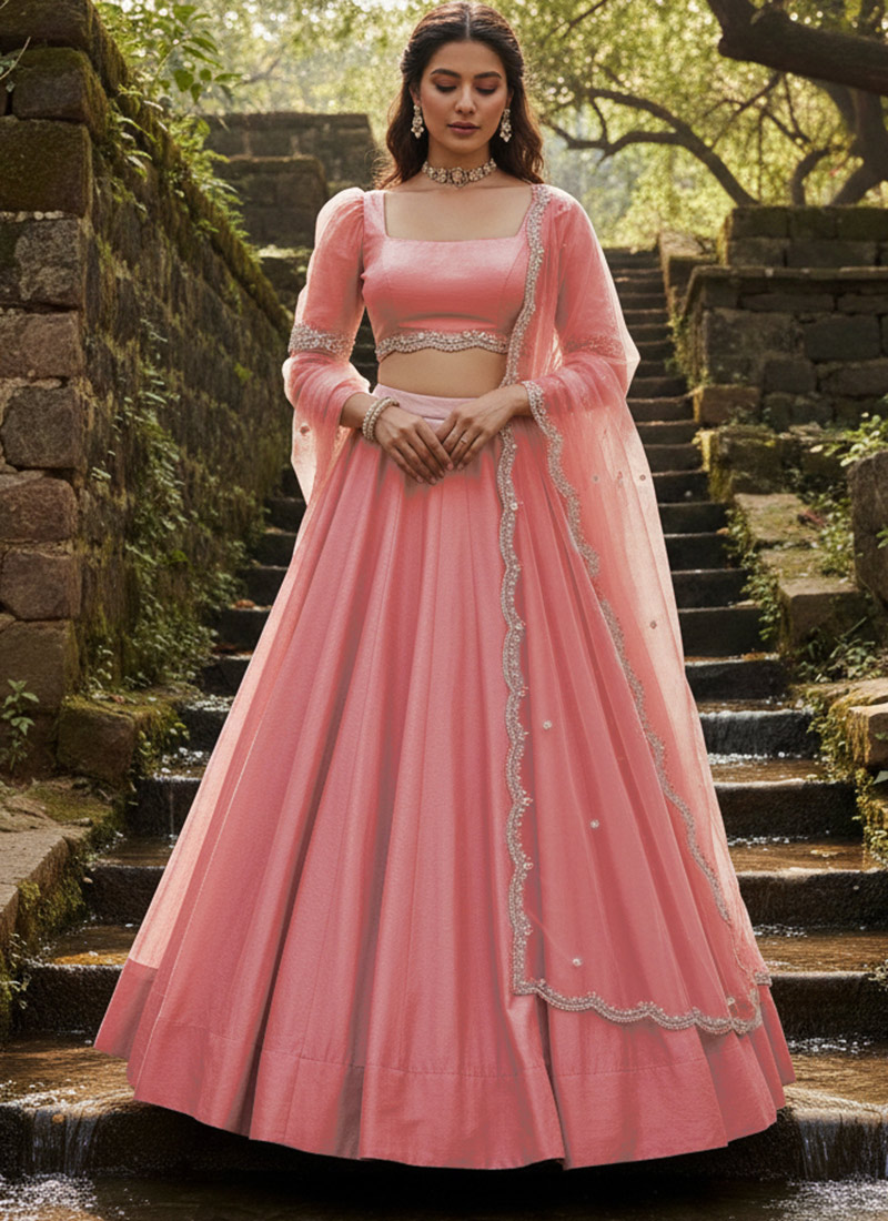 Pink Silk Traditional Umbrella Lehenga Wedding Wear