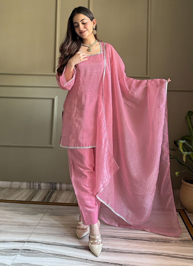 Pink Silk With Stones Work Straight Pant Suit After Six Wear