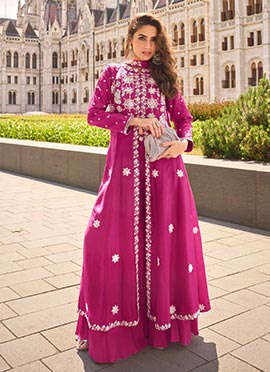 Pink Silk Zardosi And Sequins High Slit Palazzo Suit
