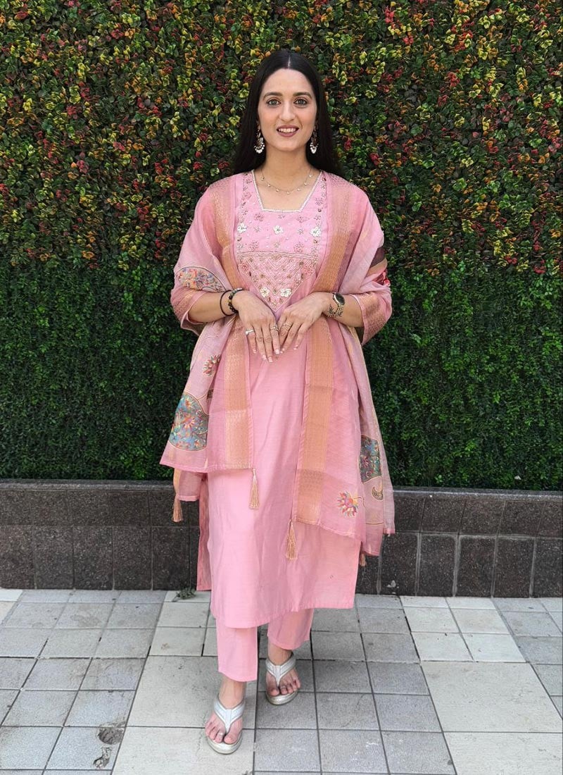 Pink Silk Zardosi Embroidered Straight Pant Suit After Six Wear