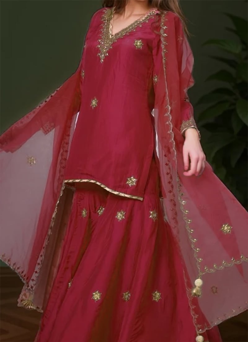 Pink Tissue Sharara Suit With Zardosi And Thread Work