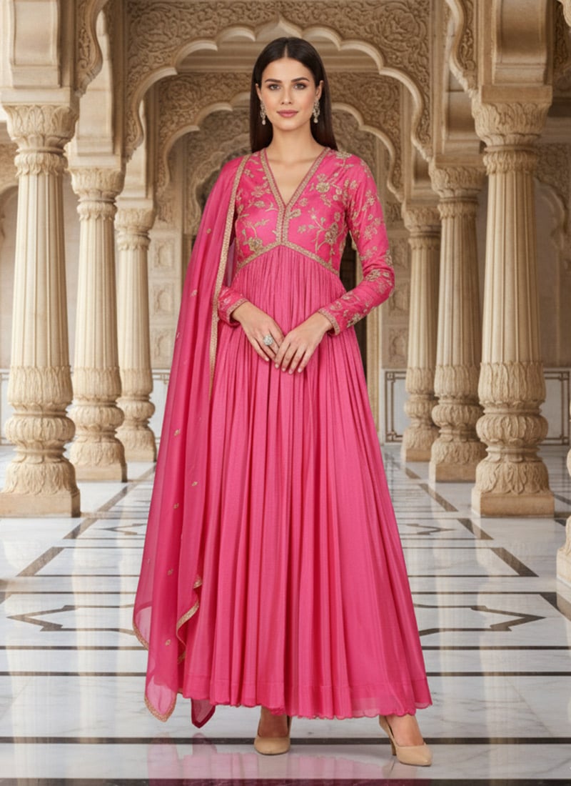 Pink Silk Zari And Sequins Hand Embroidered Anarkali Suit Festive Wear