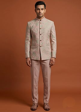 Pink Silk Zari Bandhgala Suit For Men
