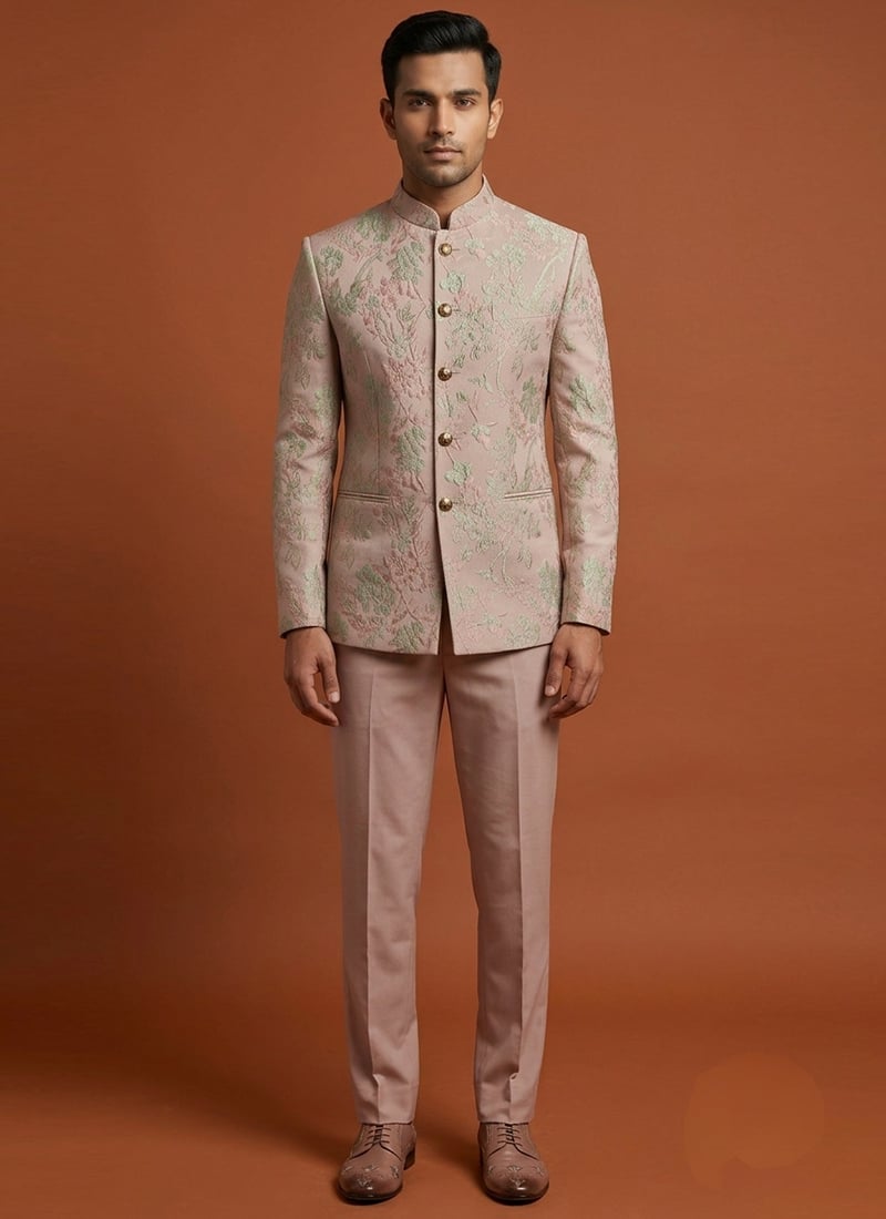 Pink Silk Zari Bandhgala Suit For Men Wedding Wear