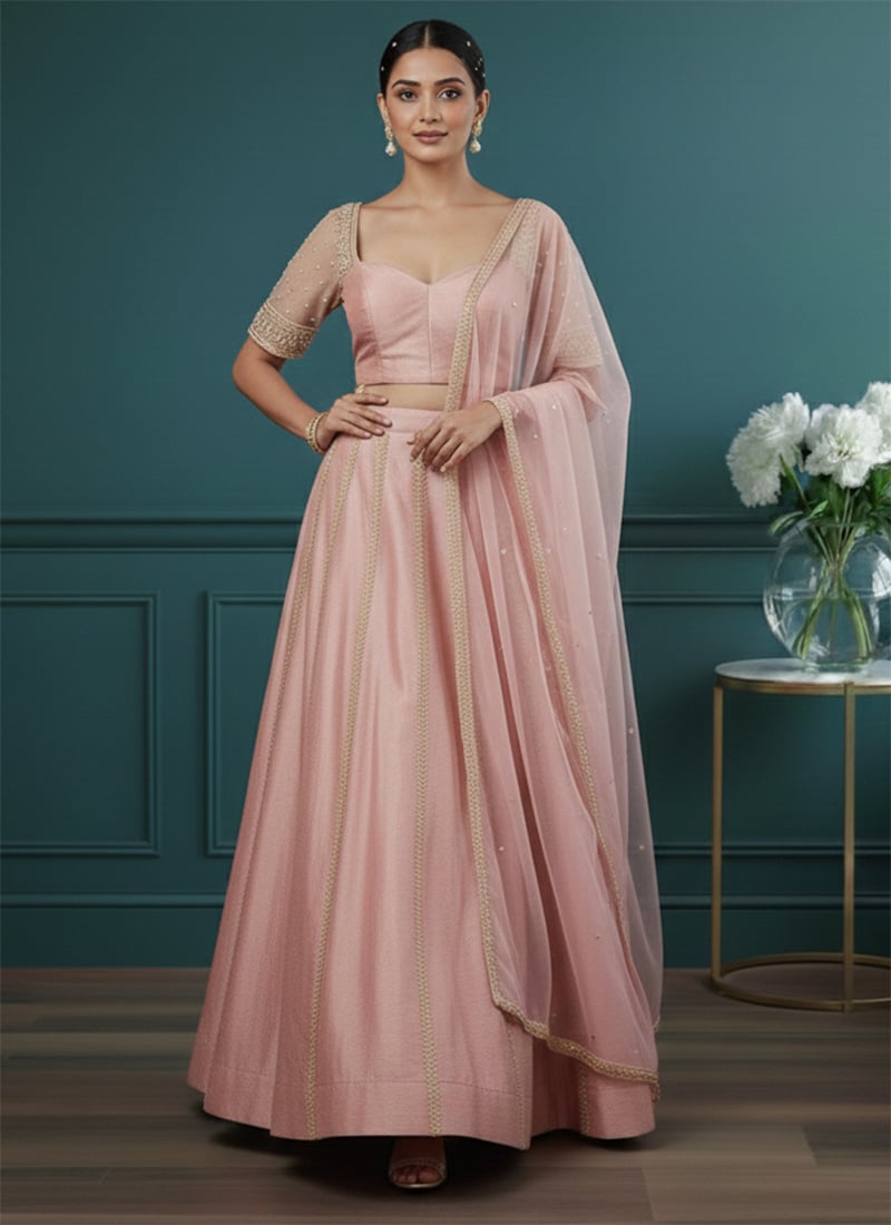 Pink Silk Zari Beads Sequins Hand Embroidered Umbrella Lehenga Wedding Wear