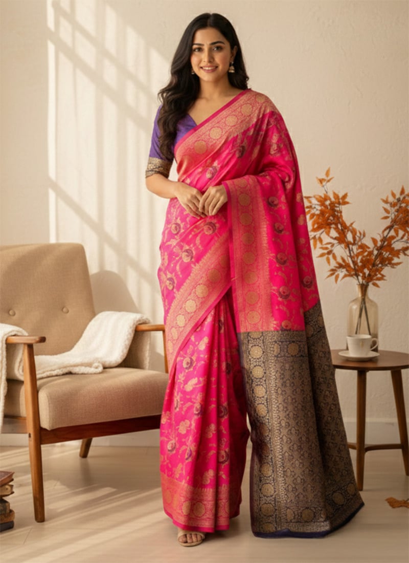 Pink Silk Zari Brocage Saree Festive Wear