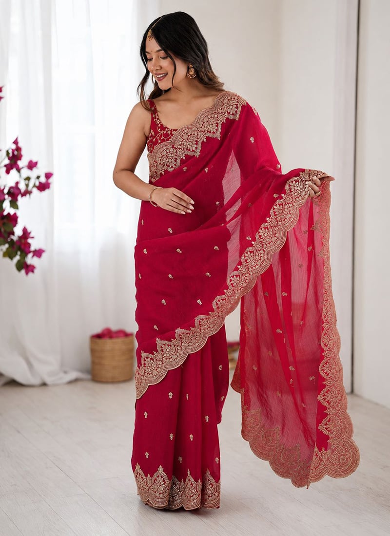 Pink Silk Zari Embroidered Dual Tone Saree Festive Wear