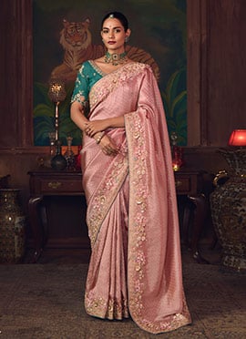 Pink Silk Zari Embroidered Sequins Beads Stones Thread Saree