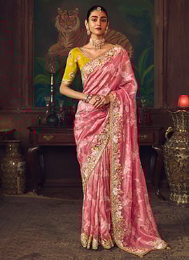 Pink Silk Zari Embroidered Sequins Beads Stones Thread Saree