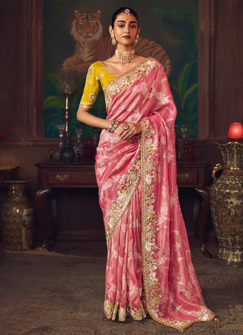 Pink Silk Zari Embroidered Sequins Beads Stones Thread Saree Wedding Wear