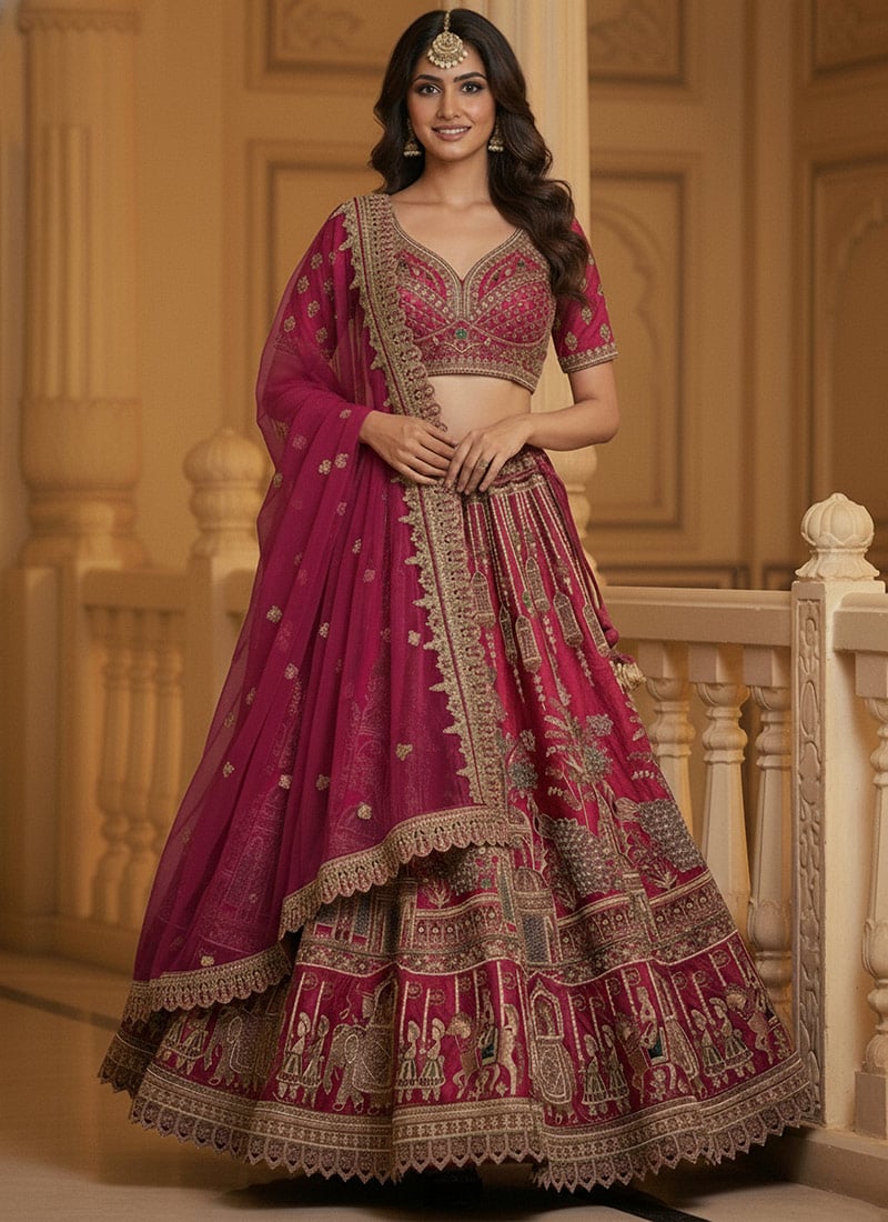 Pink Silk Zari Embroidered Sequins Beads Umbrella Lehenga Wedding Wear