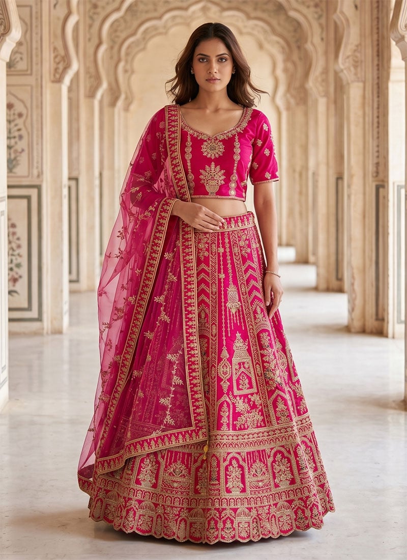 Pink Silk Zari Embroidered Sequins Lehenga Wedding Wear