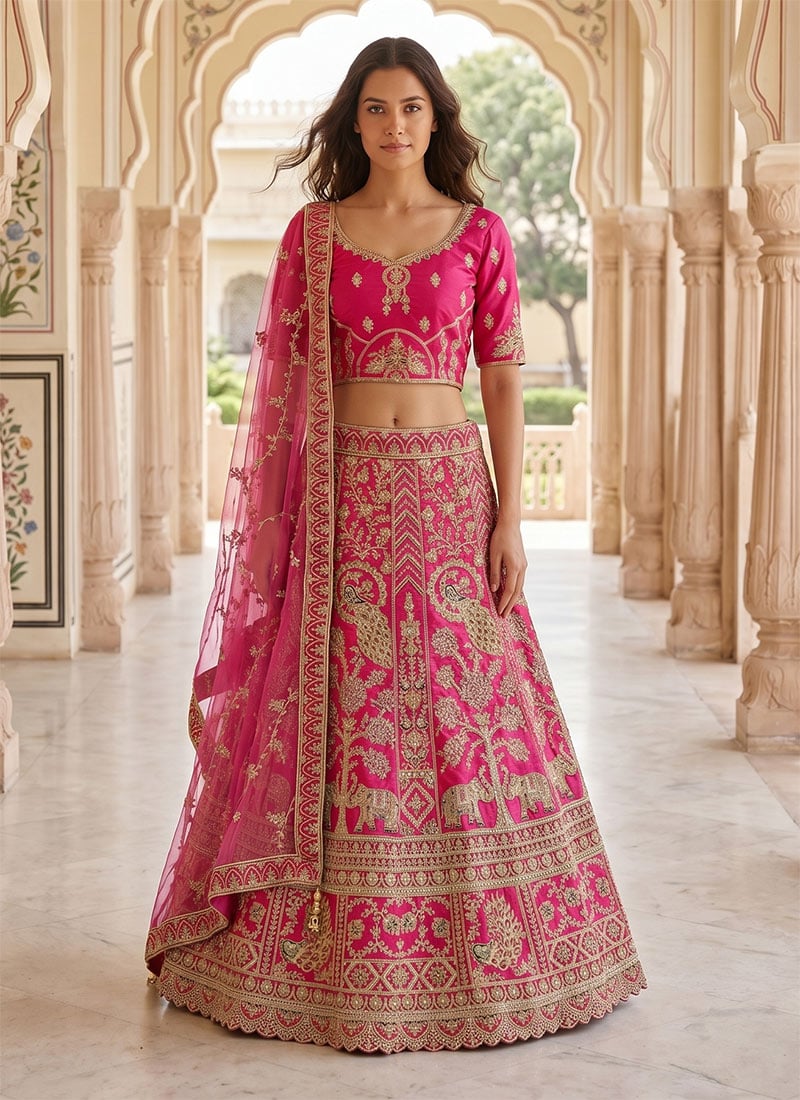 Pink Silk Zari Embroidered Sequins Lehenga Wedding Wear