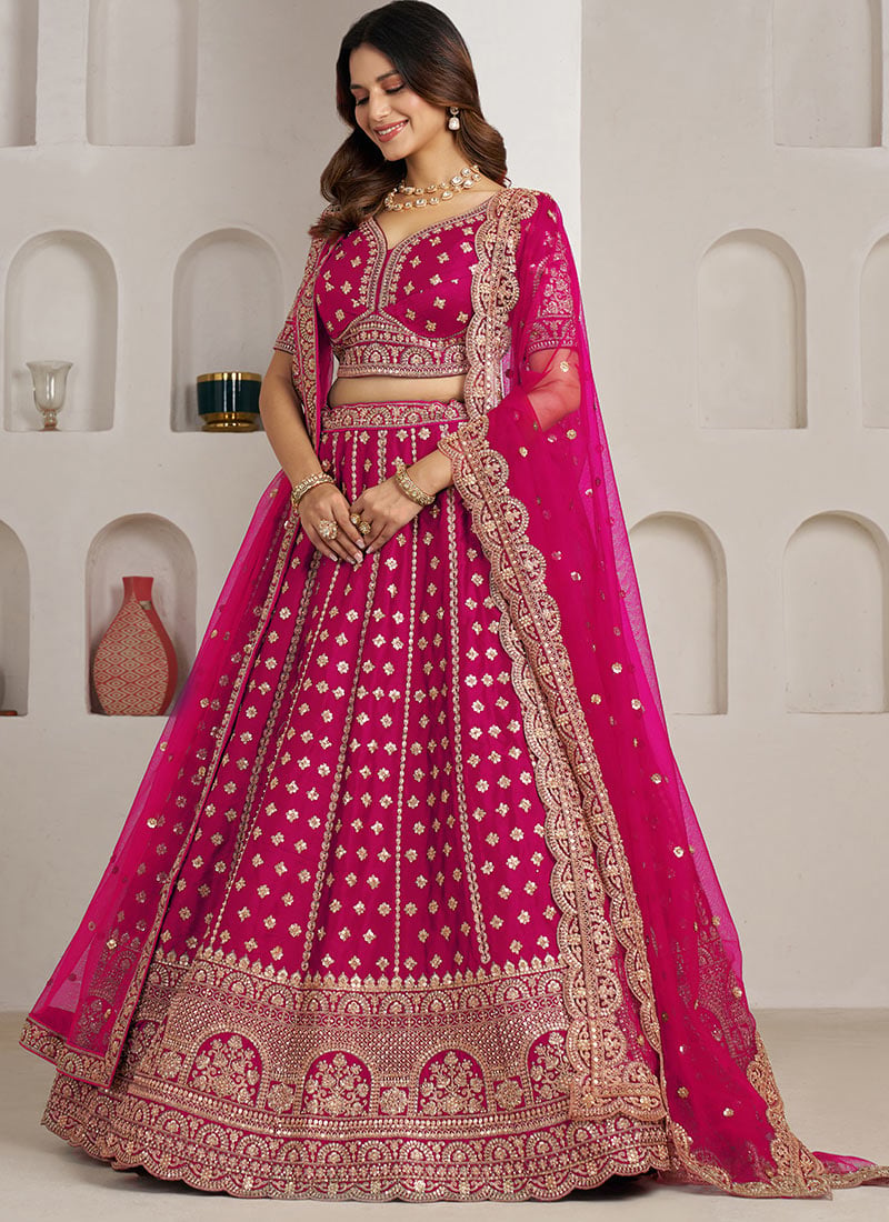 Pink Silk Zari Embroidered Sequins Lehenga Wedding Wear
