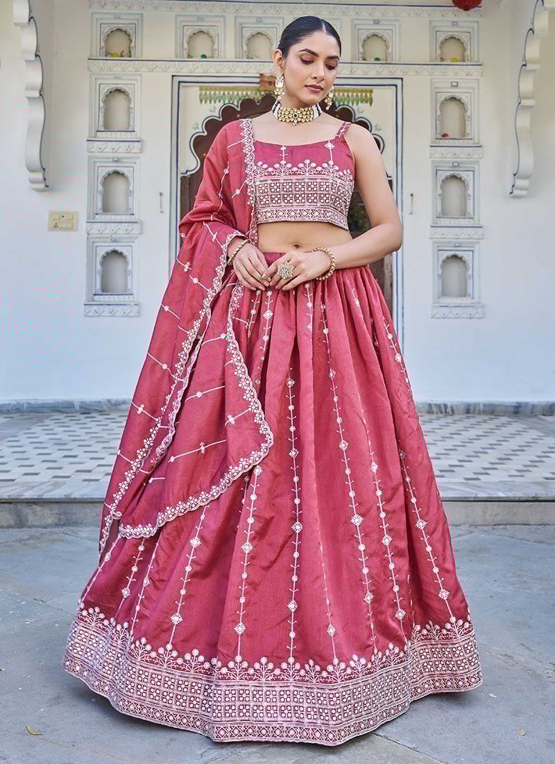 Pink Silk Zari Embroidered Sequins Lehenga Wedding Wear