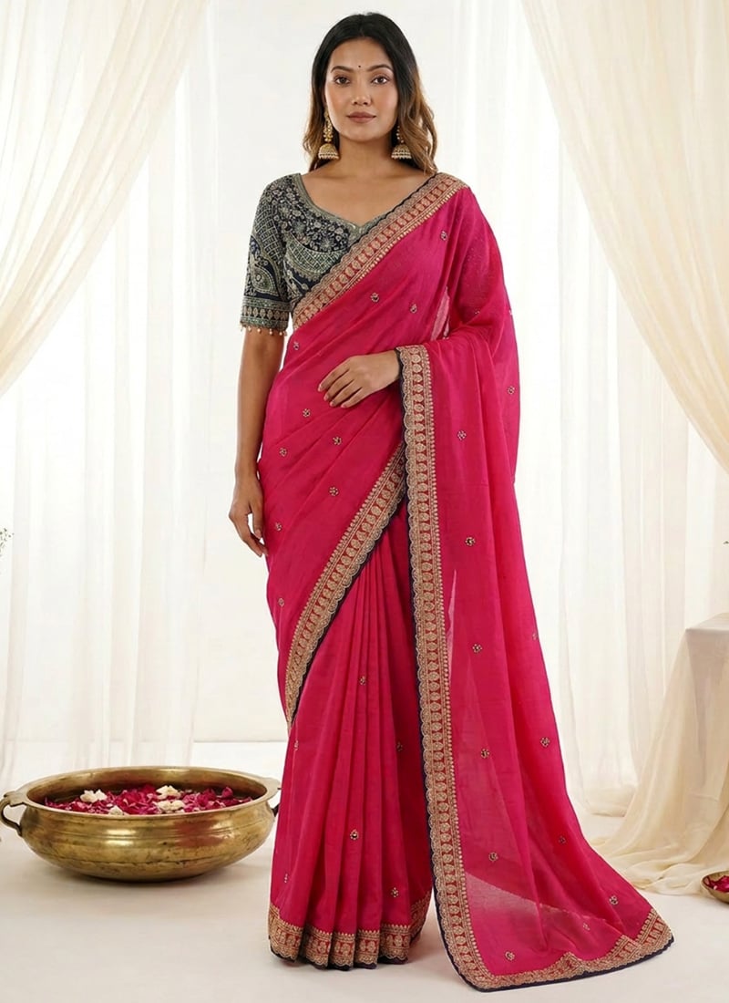 Pink Silk Zari Embroidered Sequins Saree Festive Wear