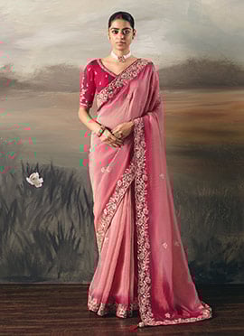 Pink Silk Zari Embroidered Sequins Saree