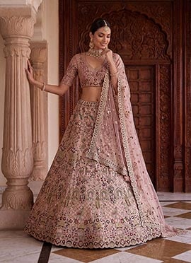 Pink Silk Zari Embroidered Sequins Stones Cutdana Work Lehenga
