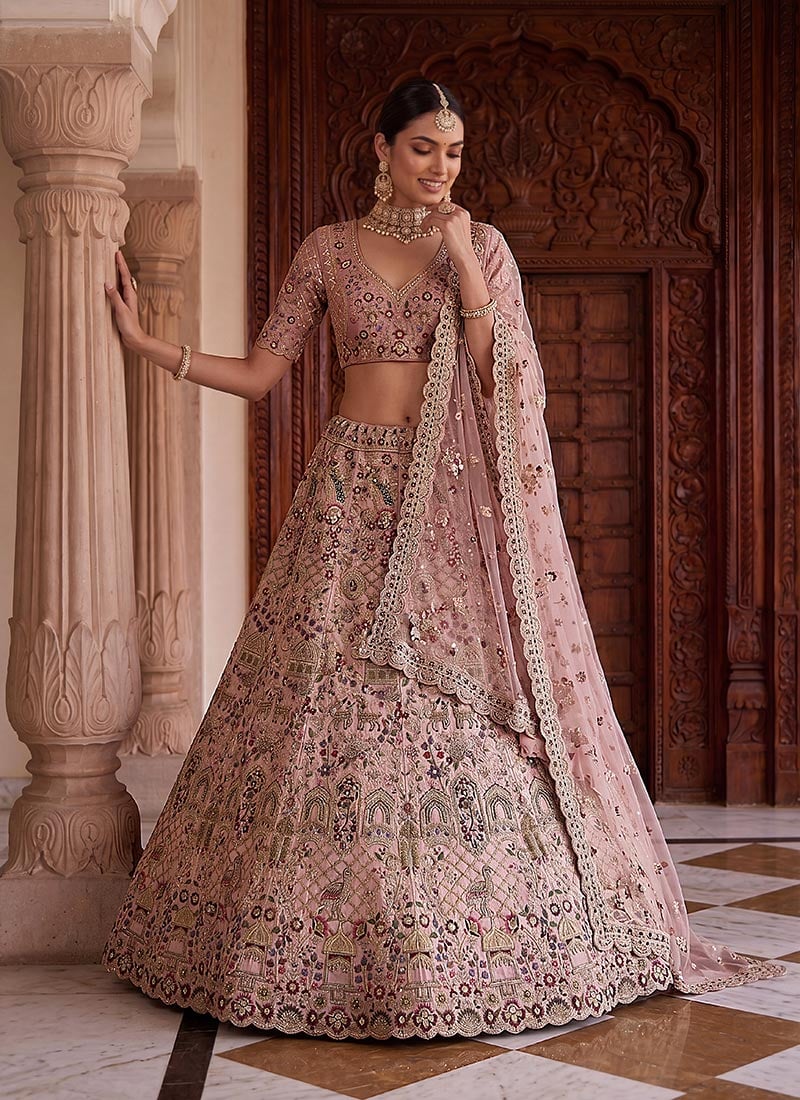 Pink Silk Zari Embroidered Sequins Stones Cutdana Work Lehenga Wedding Wear