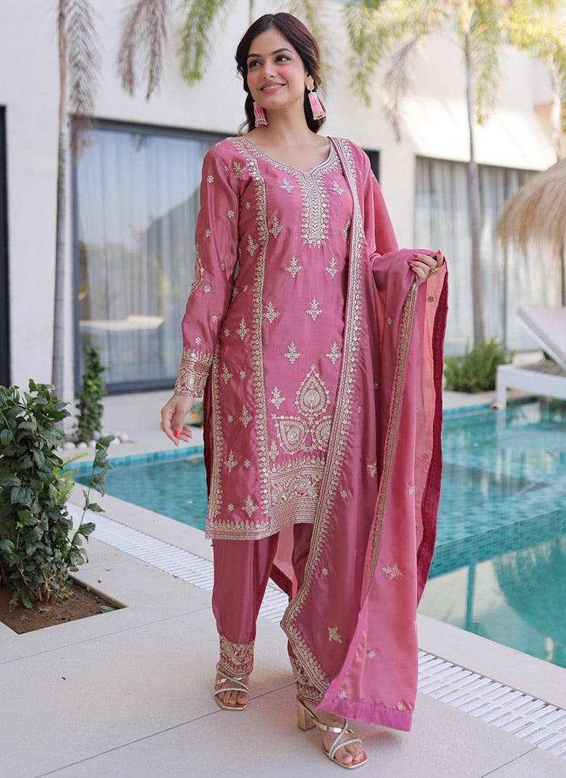 Pink Silk Zari Embroidered Sequins Thread Straight Pant Suit Festive Wear