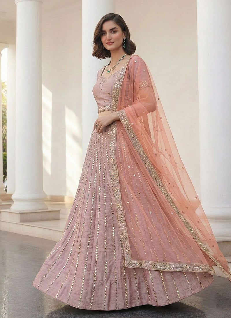 Pink Silk Zari Embroidered Sequins With Mirror Work Lehenga Wedding Wear
