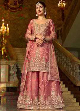 Pink Silk Zari Embroidered Sequins With Mirror Work Palazzo Suit