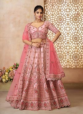 Pink Silk Zari Embroidered Sequins With Stone Work Lehenga