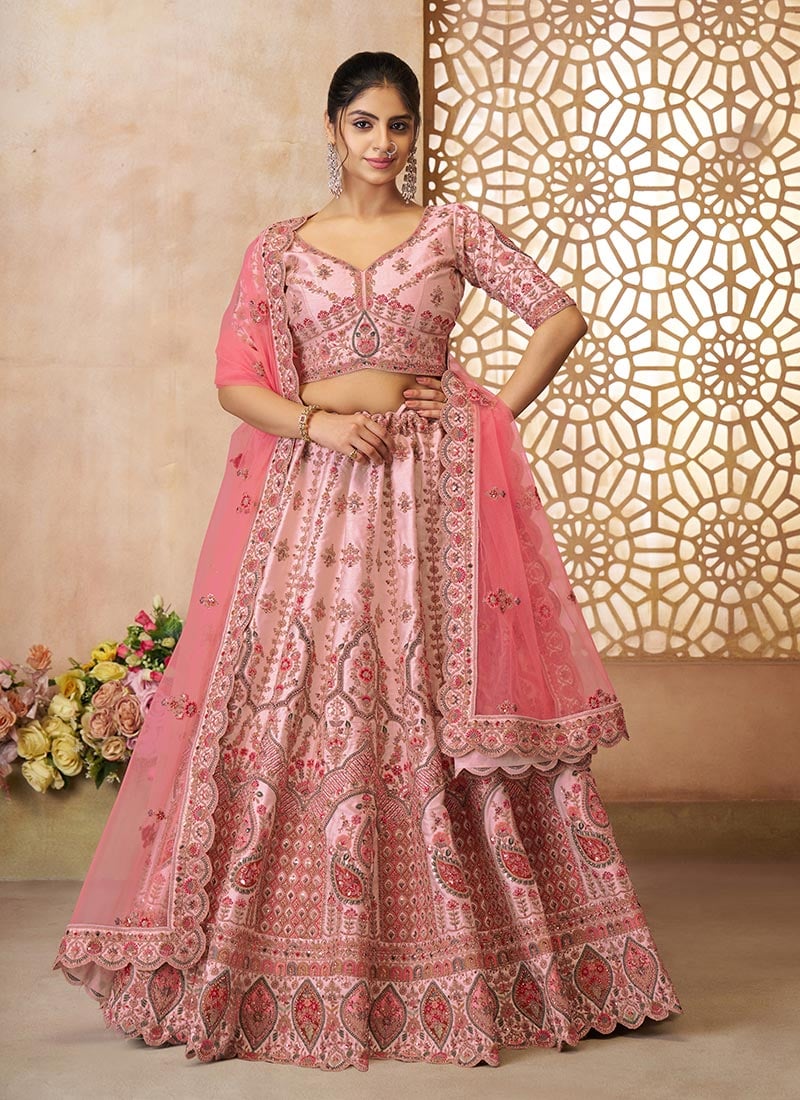 Pink Silk Zari Embroidered Sequins With Stone Work Lehenga Wedding Wear