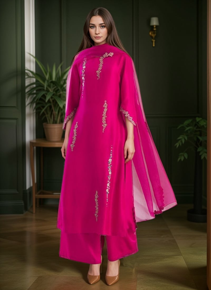 Pink Silk Zari Stone Hand Embroidered Palazzo Suit Festive Wear
