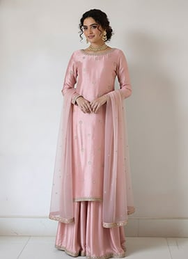 Pink Silk Zari Hand Embroidered Sequins Palazzo Suit