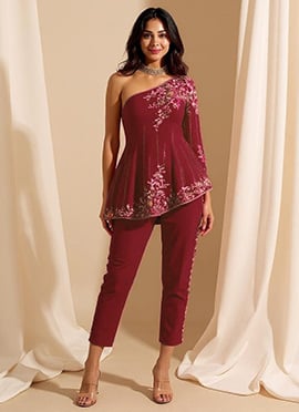 Pink Silk Zari Hand Embroidered Sequins With Moti Work Indowestern Straigth Set